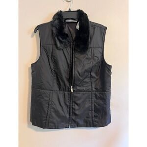 First Issue Liz Claiborne Black Puffer Vest Faux Fur Collar Large RN 52002